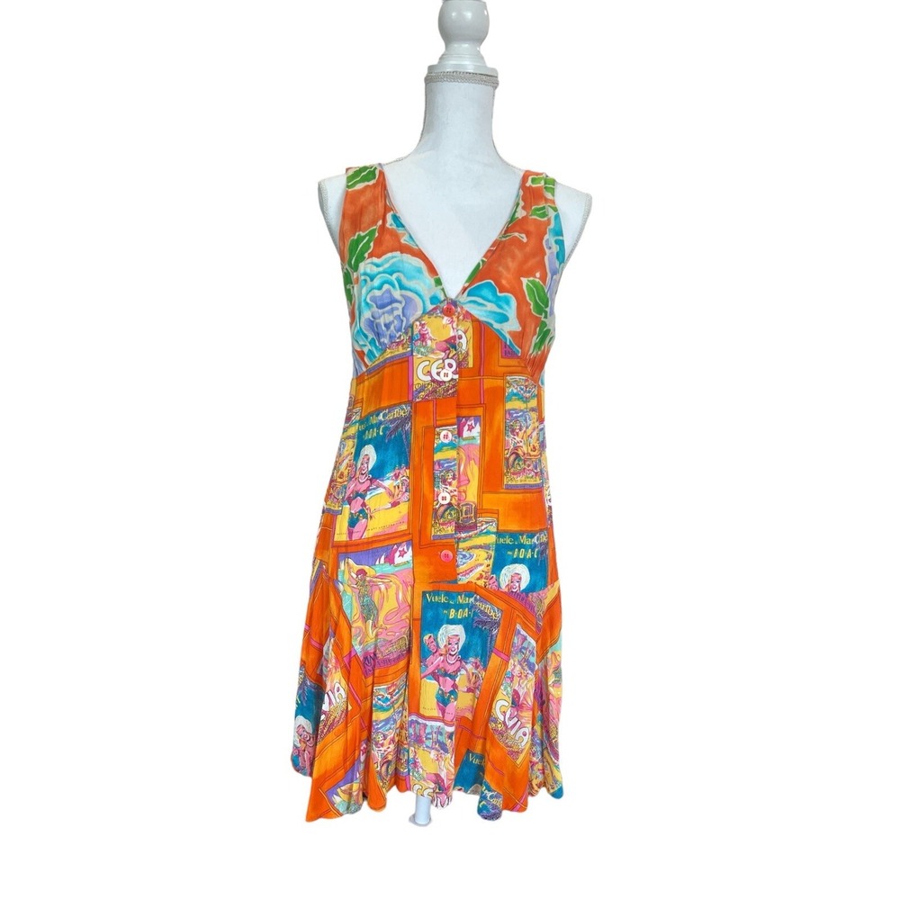 Jams World Womens Orange‎ Floral Postcard Print Rayon V-Neck Mini Dress Medium